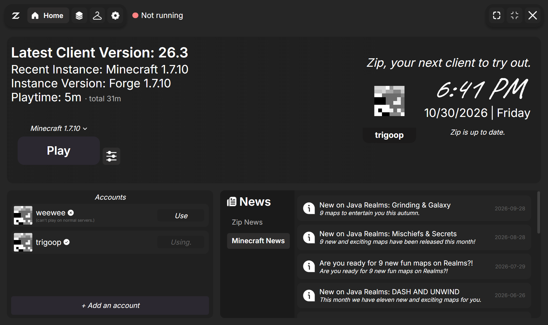 The Zip Client home screen: latest version, recent instance, play button, accounts and news