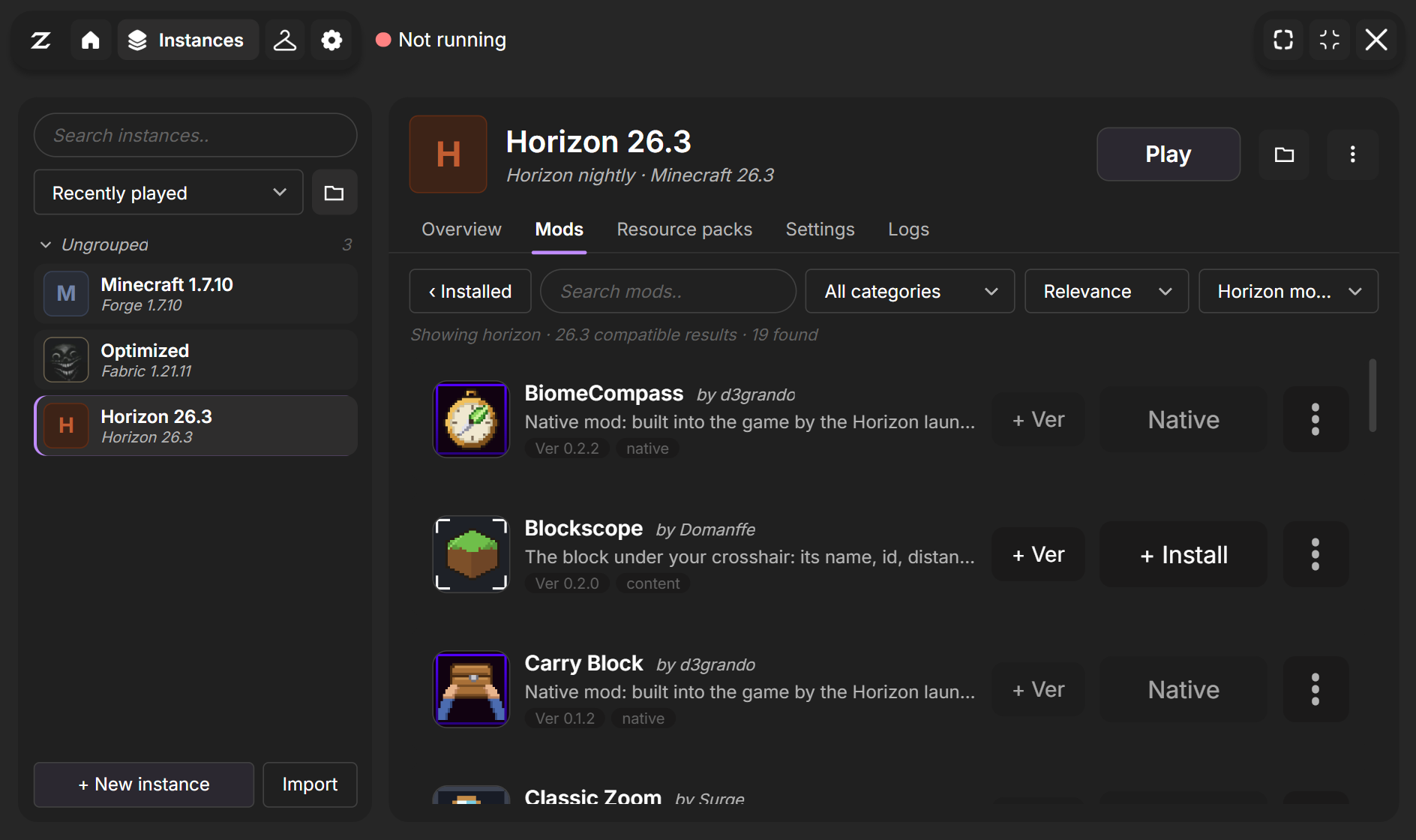 The Horizon mod browser in Zip, listing Horizon content and native mods