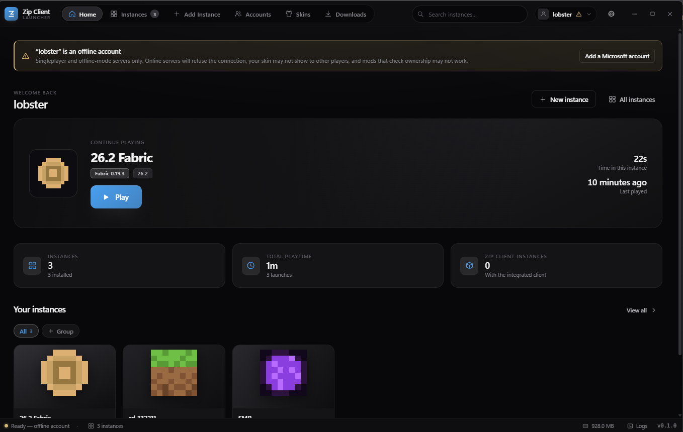 The Zip Client launcher home screen, showing a large play button, a version selector and a sidebar for versions, mods, skins and settings