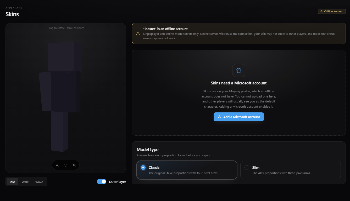 Zip Client skin editor with a 3D character preview, colour palette and layer list
